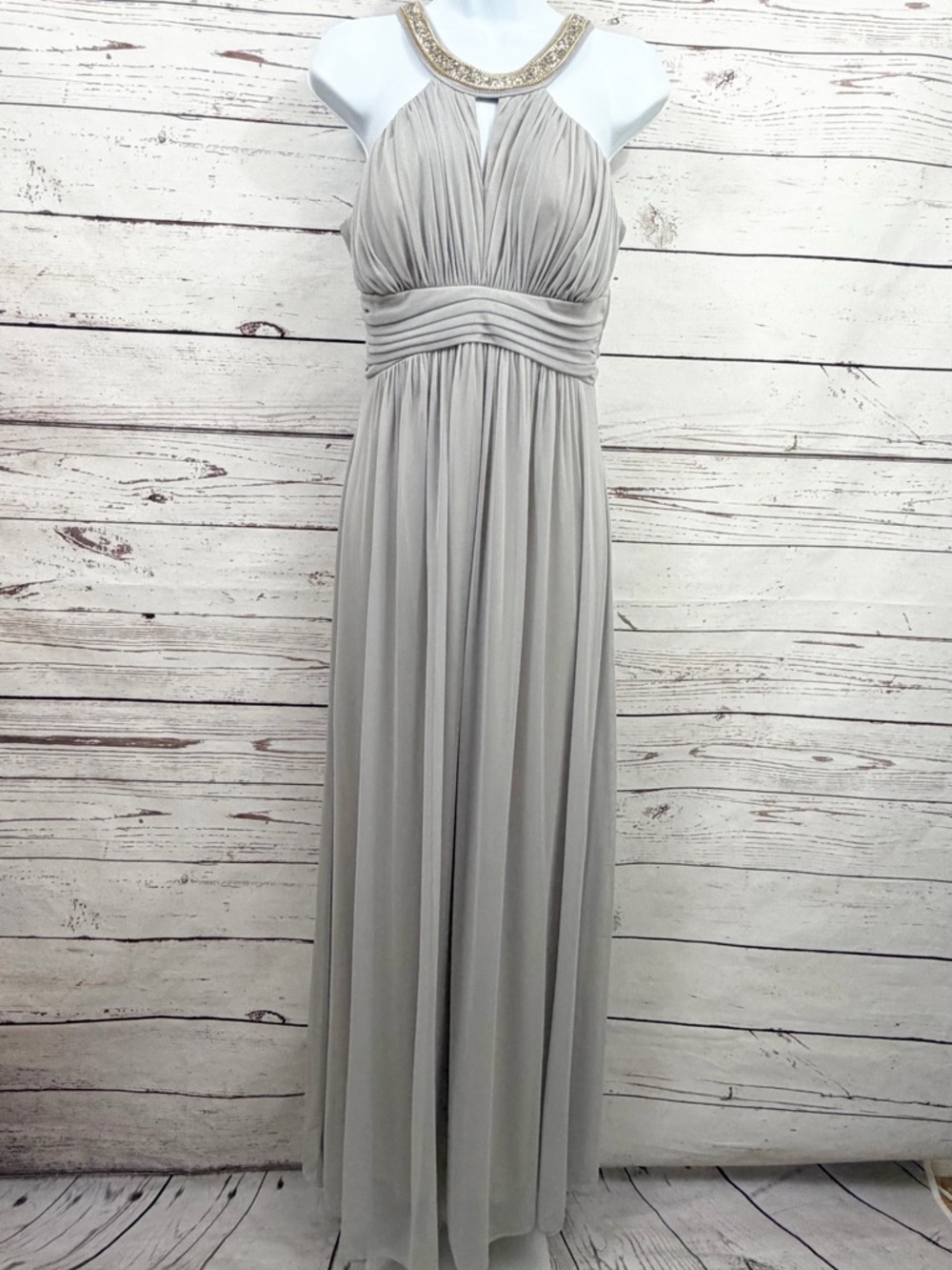 Fiesta Fashion Long Gray Chiffon Gown Beaded Halter Neck Dress Medium